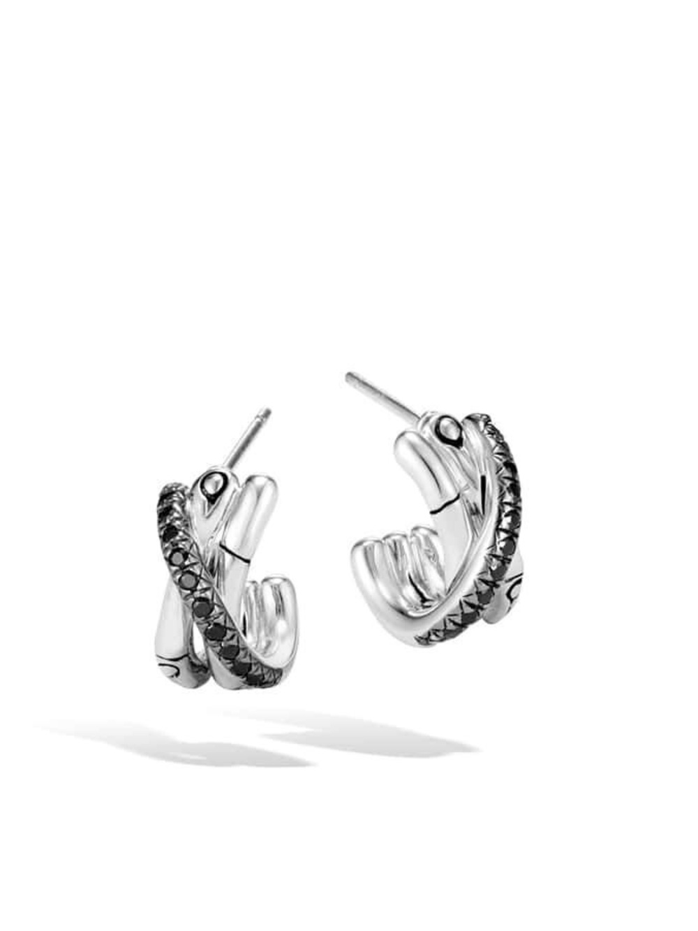 JOHN HARDY Silver Bamboo J Hoop Earrings With Black Sapphire & Spinel (NEW)